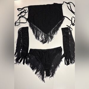 Fashion Nova Black Fringe Lingerie Bra& Panty Set With Fringed Gloves